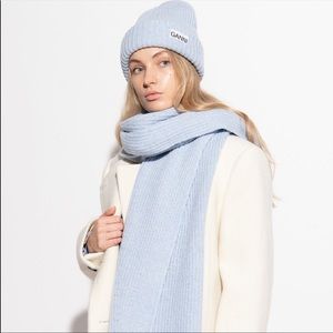 Ganni oversized blue recycled wool scarf & beanie